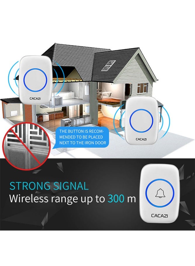 CACAZI Wireless Doorbell, IP44 Waterproof Doorbell, Cordless Doorbell with 60 Sounds and 5 Levels of Volume, Over 300 Meters Range, LED Flash, Calling Bell for Home, Hotel, Office and Villa, Warehouse and Anti-Theft, White - Image 3